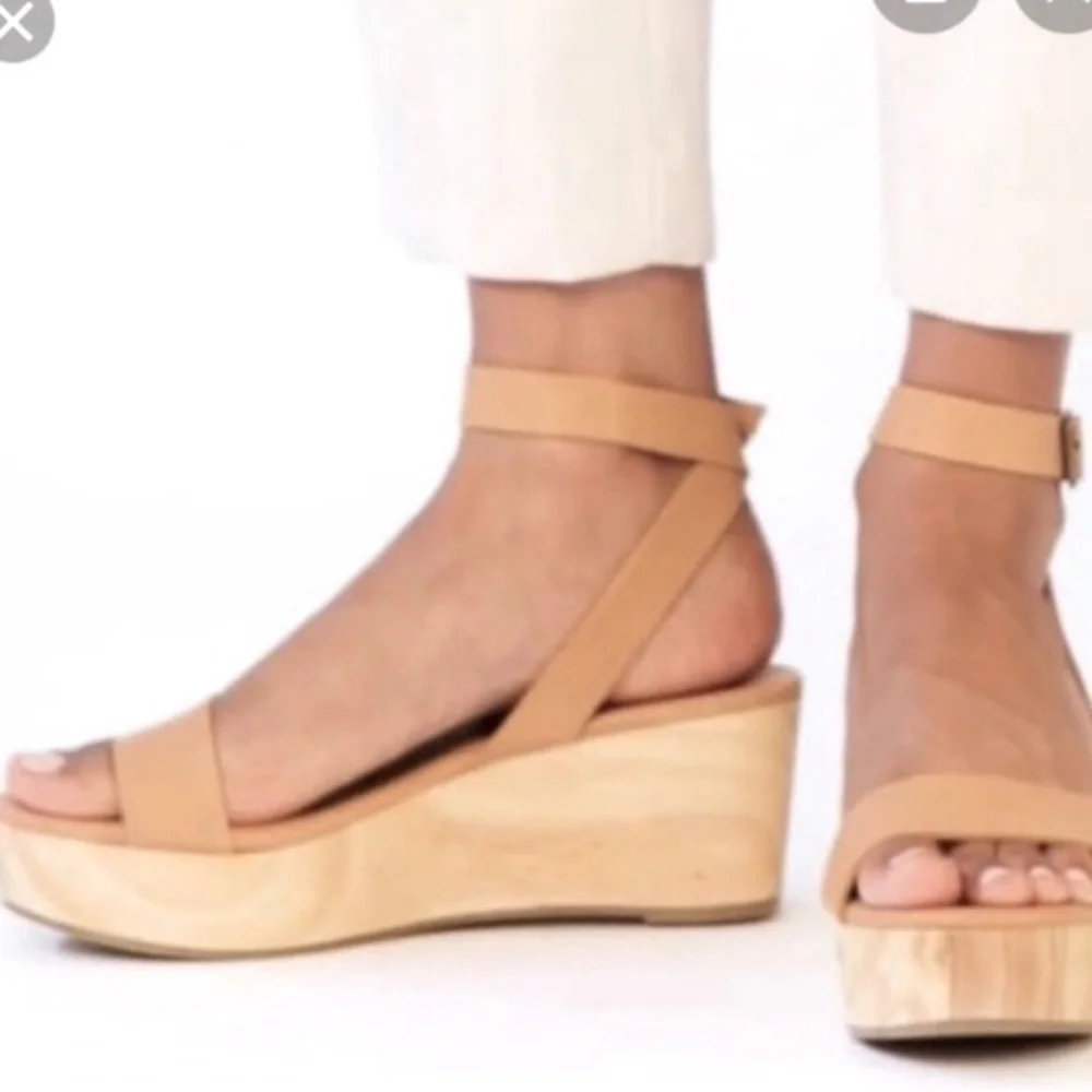Nisolo Sarita Buff Leather Wedge Wooden Platform Strappy Sandals